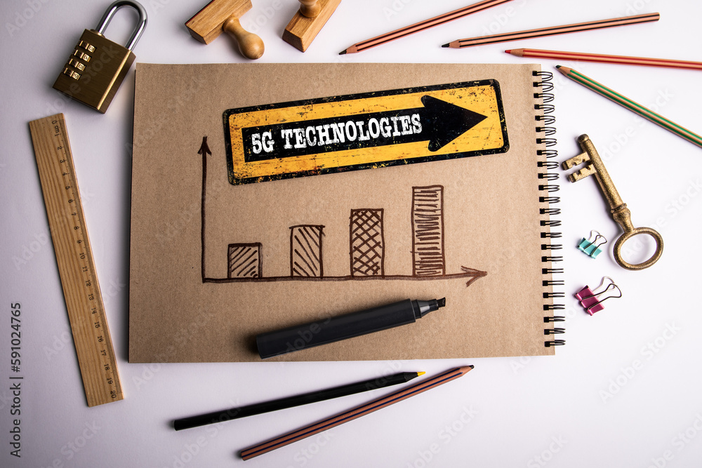 Canvas Prints 5g technologies. yellow signpost with text on office desk
