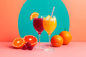 Wine glass with fresh orange fruit, tropical palm leaf shadow and podium on pastel pink background. Summer drink minimal concept. Suitable for Product ... See More