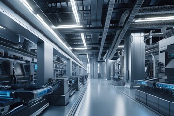 data center with automated conveyor belts, robotic arms, and other high-tech equipment, created with generative ai