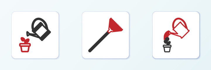 Set line Watering can, and Garden rake for leaves icon. Vector
