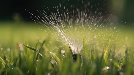 Obraz premium Sprinkler in park spraying water on grass. Generative AI