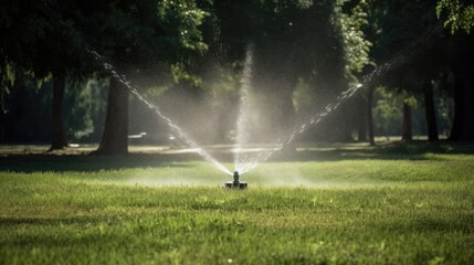 Sprinkler in park spraying water on grass. Generative AI