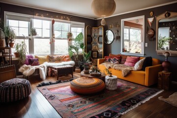 colorful bohemian home with eclectic mix of patterns, textures, and shapes, created with generative ai