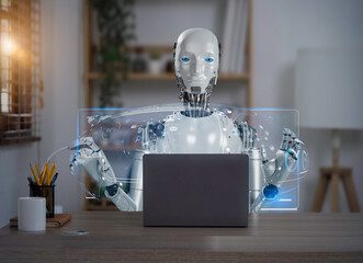 3D rendering of robot using laptop computer and network digital interface icons at home office....
