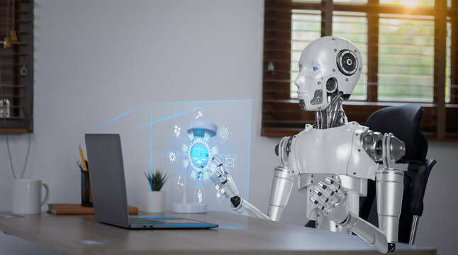 3D rendering of robot using laptop computer and network digital interface icons at home office. Technology Ai connection concept.
