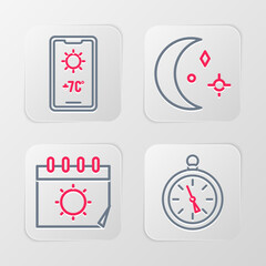 Set line Compass, Calendar and sun, Moon stars and Weather forecast icon. Vector