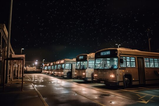 bus depot at night, with the glow of streetlights and bright stars overhead, created with generative ai
