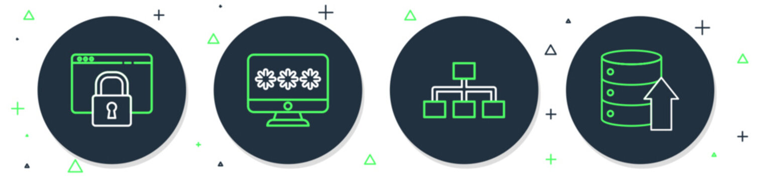Set line Monitor with password, Hierarchy organogram chart, Secure your site HTTPS, SSL and Server, Data, Web Hosting icon. Vector