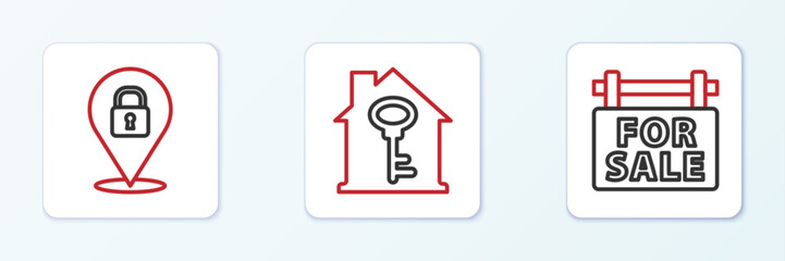 Set line Hanging sign with For Sale, Location lock and House key icon. Vector
