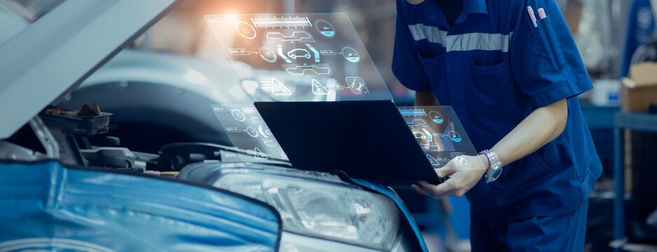 car service maintenance and digital technology interface icons. 