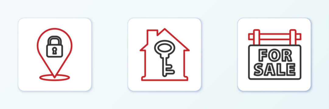 Set line Hanging sign with For Sale, Location lock and House key icon. Vector