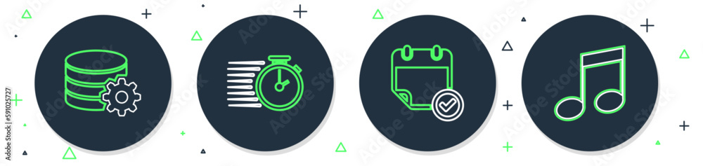 Poster set line stopwatch, calendar with check mark, setting database server and music note, tone icon. vec