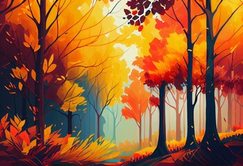 Illustration soft colorful autumn forest. Abstract fall season, yellow and red leaf on tree, outdoor landscape. Nature painting pastel design with watercolor paint. Modern art for. Generative AI