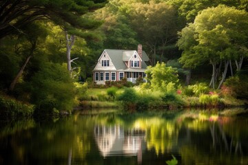 Fototapeta na wymiar cape cod house surrounded by lush foliage on the shore of a tranquil lake, created with generative ai