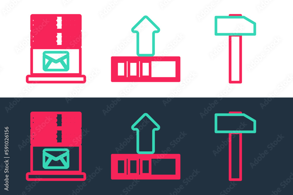 Poster set line hammer, mail server and loading icon. vector