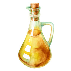 Watercolor hand drawn illustration of olive oil in a glass bottle isolated on a white background.