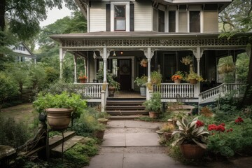 Fototapeta premium colonia house with wrap-around porch, swing, and flower pots, created with generative ai