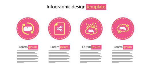 Set line Methane emissions reduction, CO2 in cloud, Share file and Refund money icon. Vector