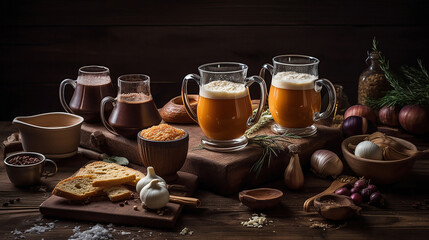 Obraz na płótnie Canvas Mugs of fresh beer and traditional food on wooden background. Generative AI technology