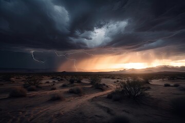desert storm with dark clouds and lightning, in the background of a setting sun, created with generative ai