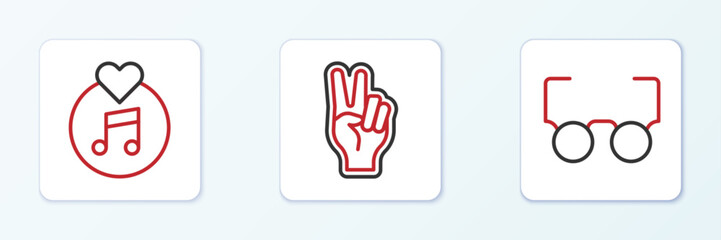 Set line Glasses, Vinyl disk and Peace symbol icon. Vector