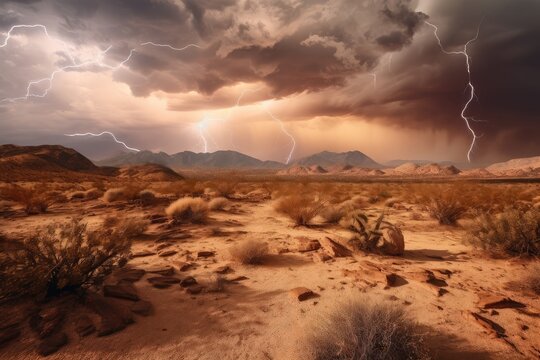 stormy desert with lightning and thunderbolts, created with generative ai
