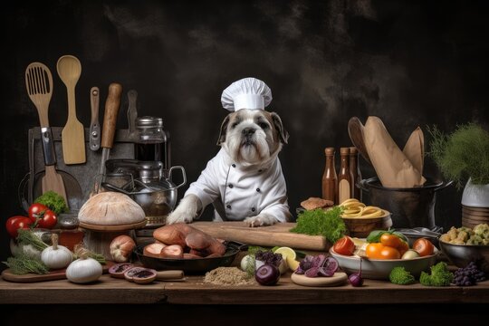 dog chef with culinary creations, surrounded by variety of ingredients and cooking tools, created with generative ai