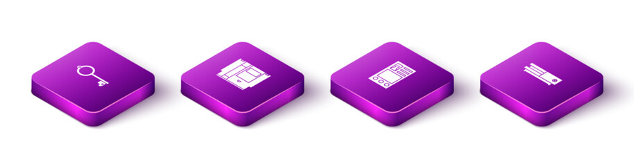 Set Isometric Ancient key for game, Cartridge, Create account screen and Video console icon. Vector