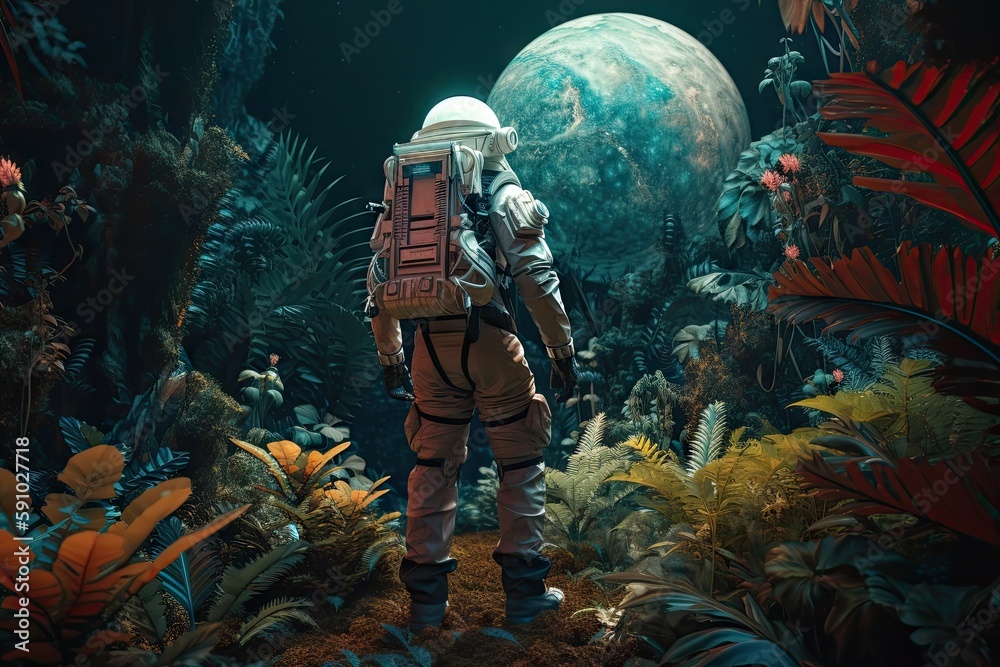 Wall mural intergalactic traveler exploring unknown planet, surrounded by strange and foreign flora and fauna, 