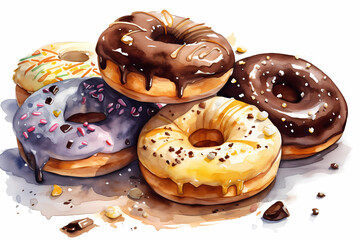 Watercolor donuts. AI generation