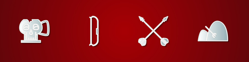 Set Cup from the skull, Medieval bow, crossed arrows and Bale of hay and rake icon. Vector