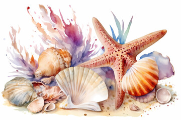 Starfish and shells on the beach. Watercolor. AI generation