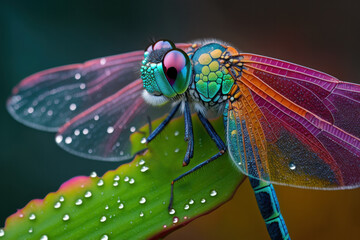 A stunning dragonfly with delicate wings perched on a green leaf. The macro shot of beautiful insect's body and bright color against the background of drops of water. Generative AI