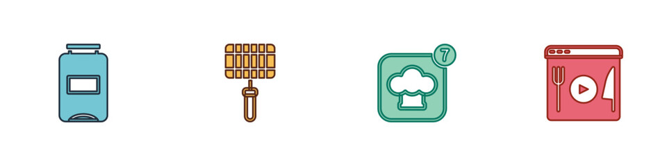 Set Jam jar, Barbecue steel grid, Chef hat and Cooking live streaming icon. Vector