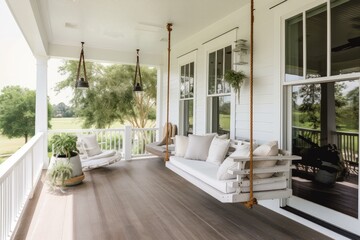 modern farmhouse with sun-drenched porch and swing, created with generative ai - obrazy, fototapety, plakaty