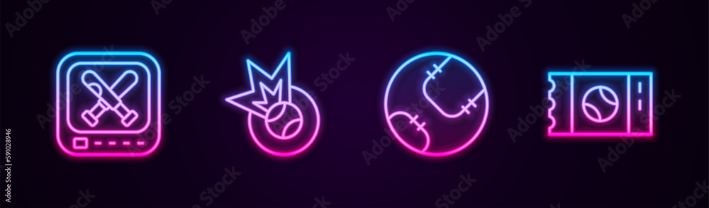 Poster set line monitor with baseball game, baseball, and ticket. glowing neon icon. vector