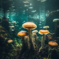 Fototapeta na wymiar Mystery mushrooms in a deep ocean water, Generative AI