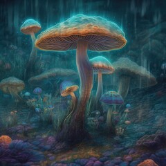 Mystery mushrooms in a deep ocean water, Generative AI