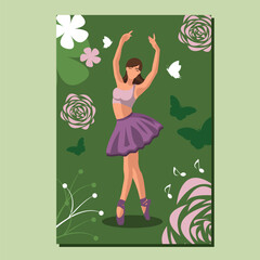 Caucasian white faceless ballet dancer in a purple tutu and pointe shoes dancing on a green poster with flowers and butterflies. Vector illustration in flat style © okskukuruza