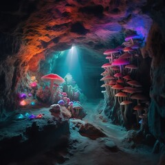 Colorful cave full of mushrooms and gentle light, Generative AI