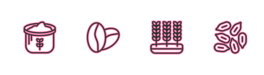 Set line Bag of flour, Wheat, Coffee beans and Seed icon. Vector