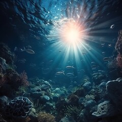 Sea creatures living in deep ocean's blue water, Generative AI