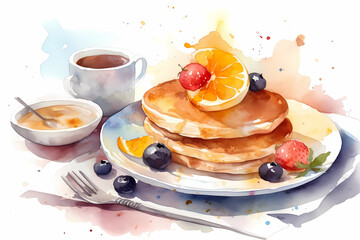 Watercolor pancakes. AI generation