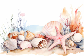 Starfish and shells on the beach. Watercolor. AI generation