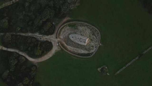 Aerial view of Naveta des Tudors in Menorca Spain with no people around.