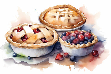 Watercolor fresh pie with berries AI generation