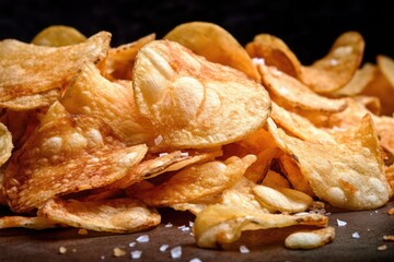 close-up of pile of crunchy and salty chips, created with generative ai - obrazy, fototapety, plakaty