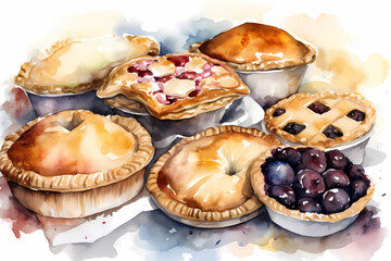 Watercolor fresh pie with berries AI generation