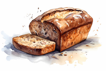Watercolor sliced ​​rye bread. AI generation