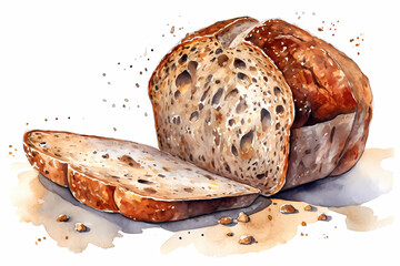 Watercolor sliced ​​rye bread. AI generation